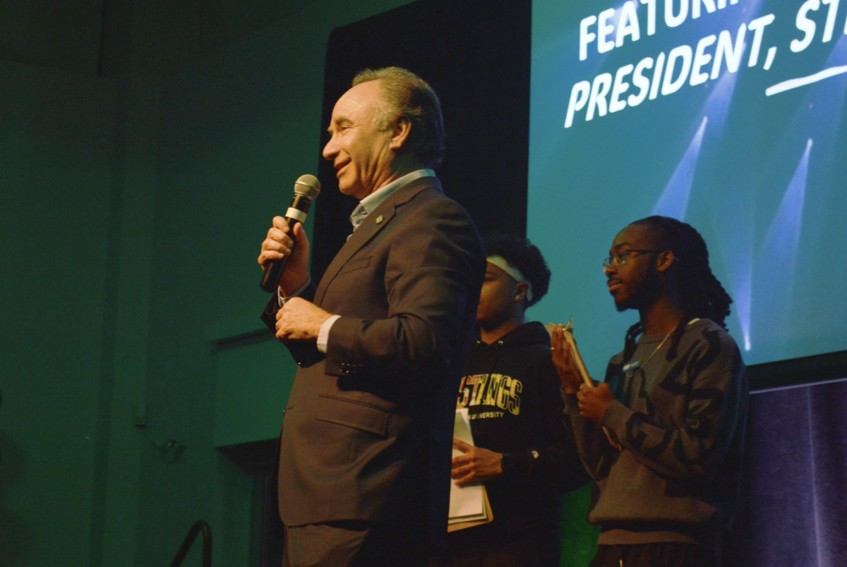 President of Stevenson University Dr. Elliot Hirshman welcomes students, faculty, and guests to the Founder's Day talent show